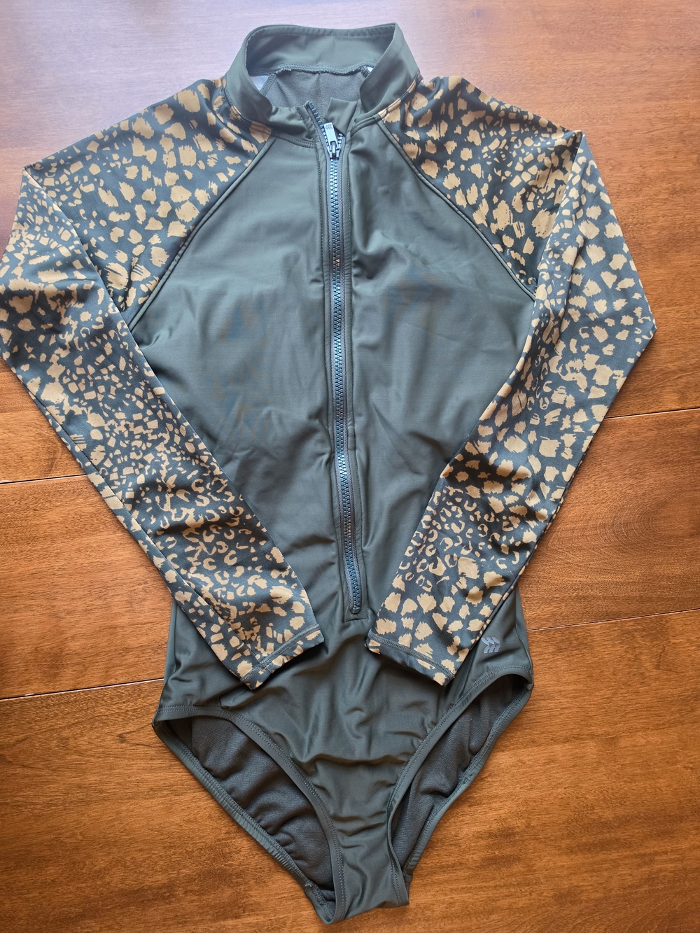 all in motion Olive Long-Sleeve One-Piece Swimsuit with Tan Animal Print